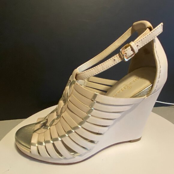 Cole Haan Nike Air Gold & Cream Leather Woven Wedge Sandals – Size 7B - Picture 3 of 16